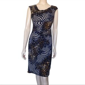 Connected Apparel Blue and Brown Patterned Midi Dress